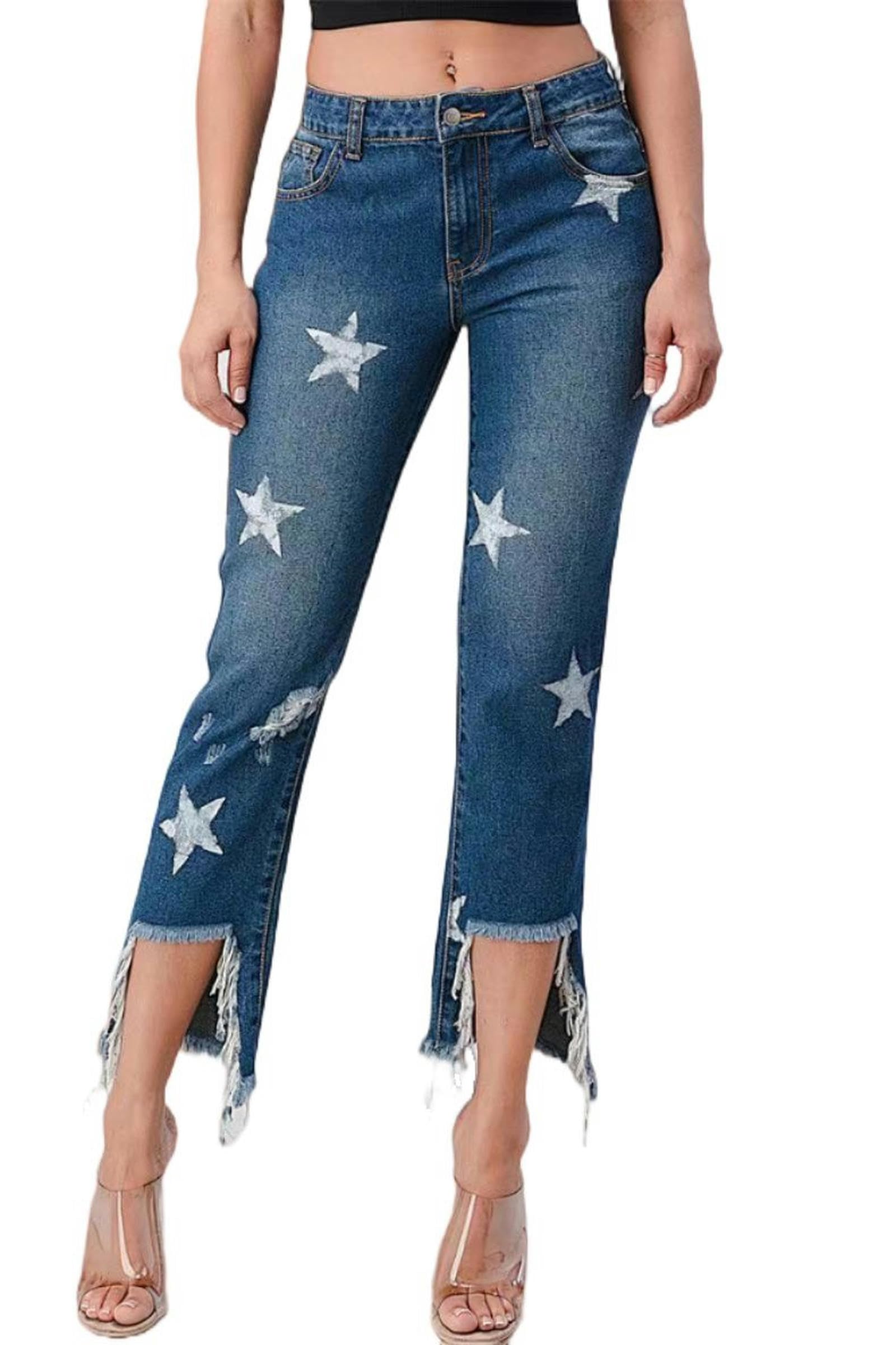Jeans a Vita Alta con Stampa Stelle da donna-Blu-2XL