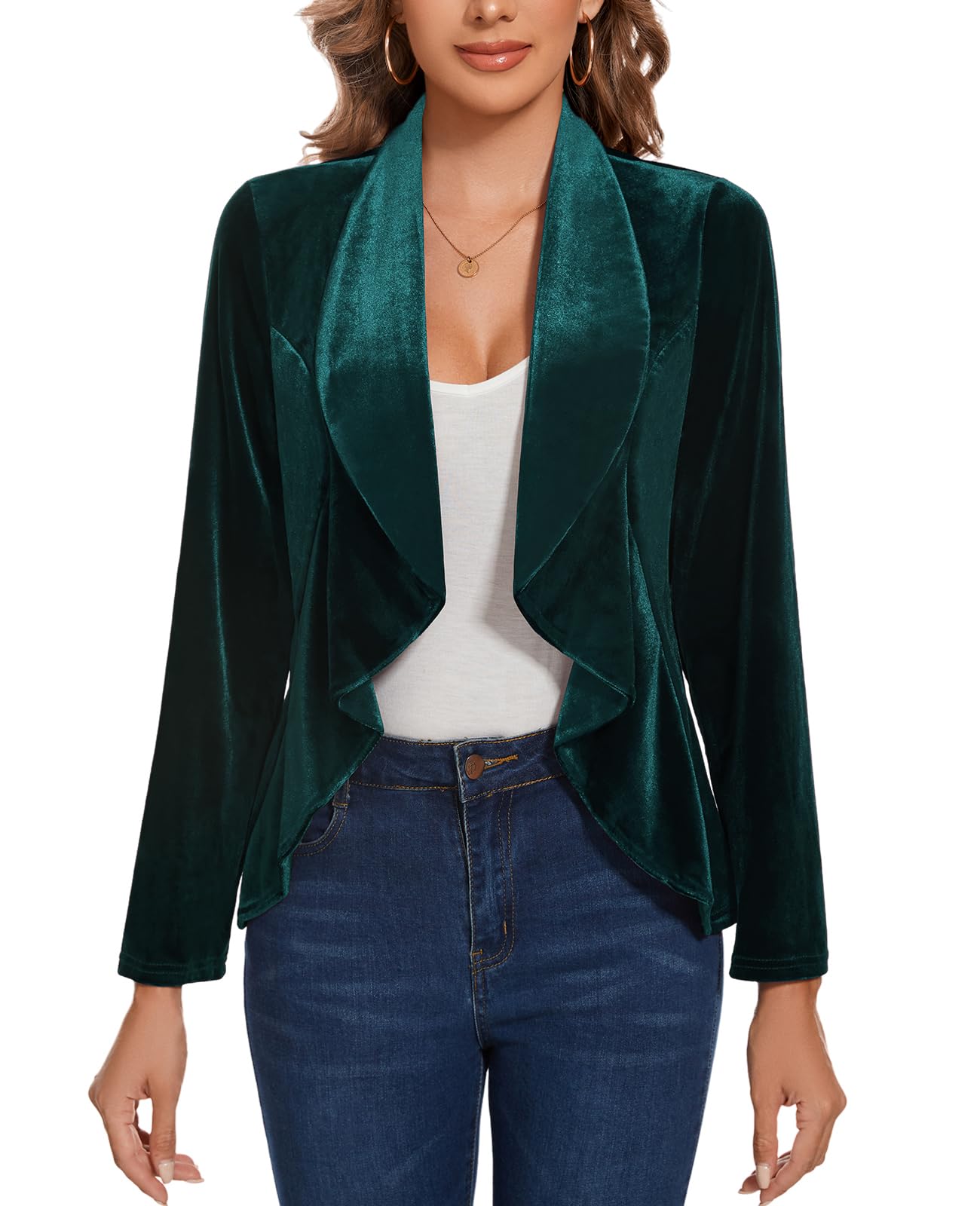 MINTLIMIT Womens Velvet Blazer Suit Jacket Long Sleeve Open Front Ruffle Blazer Jacket Tailored Outfit Green L