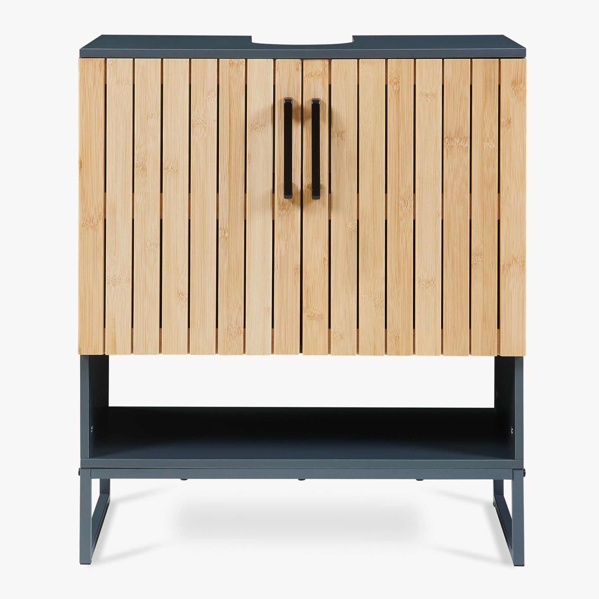 [en.casa] Meuble sous Lavabo Svanes avec 2 Portes à Lattes 2 Compartiments Intérieurs Étagère Inférieure Meuble sous Vasque Salle de Bain WC Bambou 70 x 60 x 30 cm Gris Foncé Naturel
