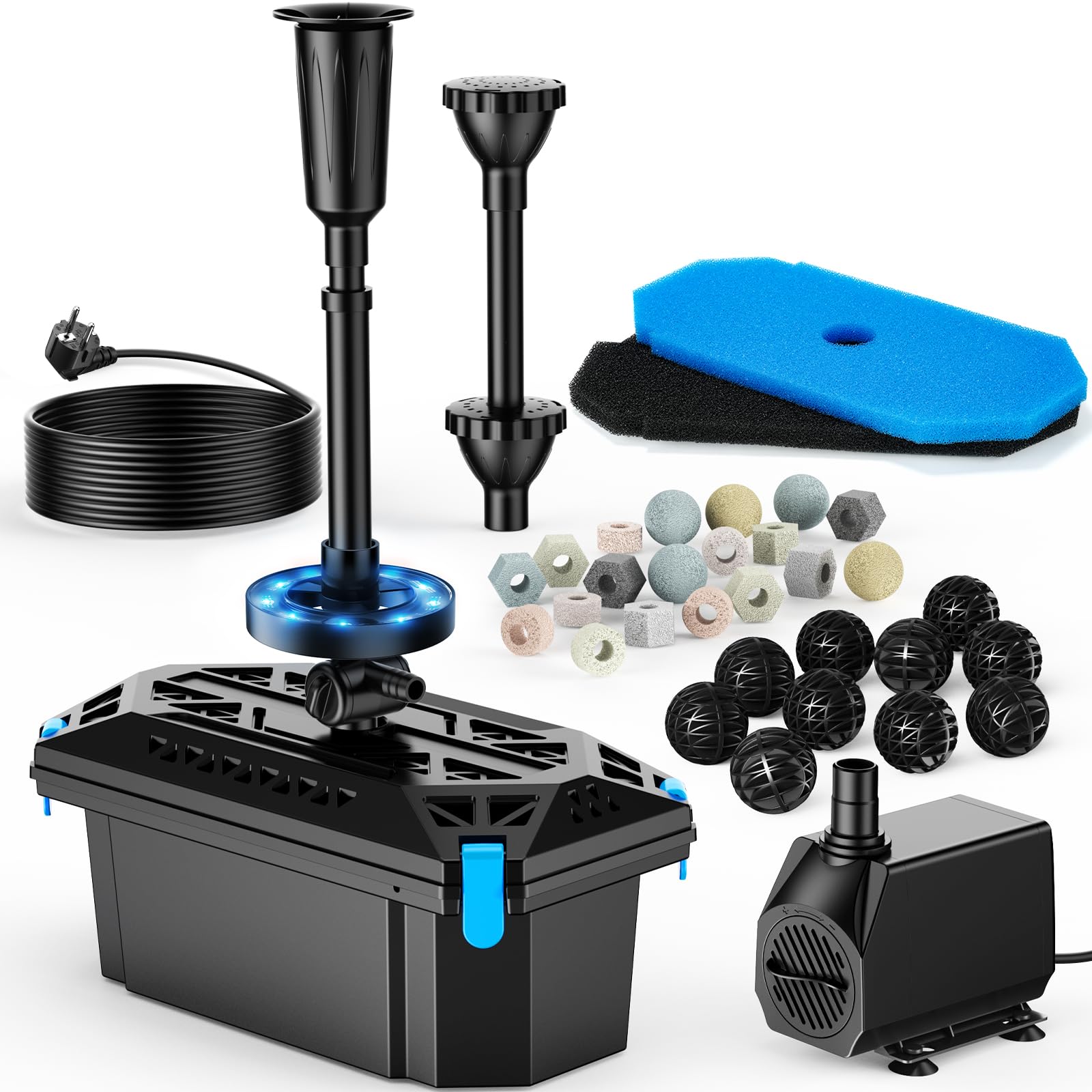 POPOSOAP Conjunto de Fuente RGB para Estanque y Filtro, Bomba de Filtro 2500L/H con Luces LED RGB de Ciclo Automático, Caudal Ajustable, Elemento de Agua Exterior para Jardín (Eléctrico con Cable)