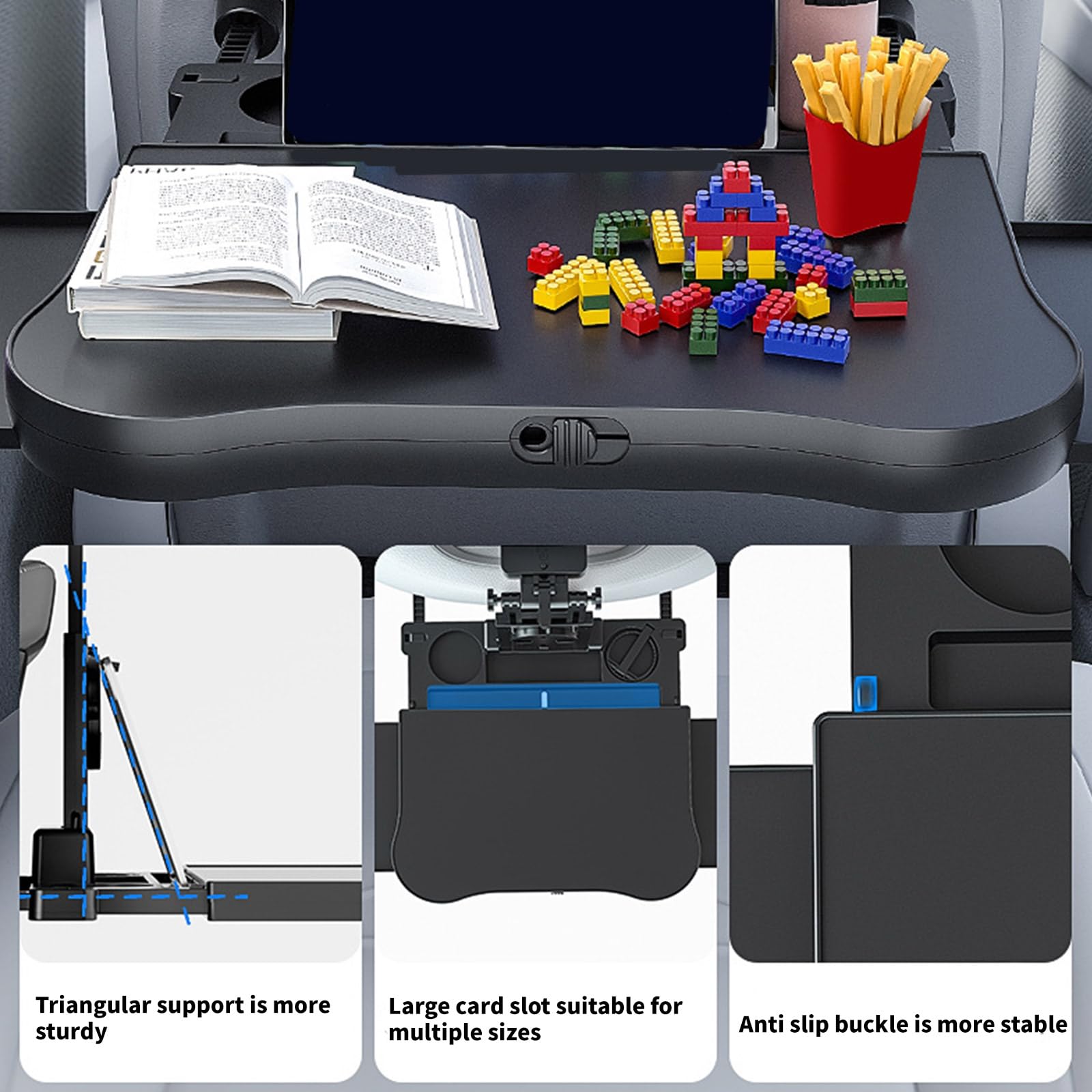 Mesa de coche fácil de transportar con soportes expandibles para teléfono y almacenamiento de tazas, bandeja ergonómica para vehículos, mejoras para comer y trabajar, escritorio
