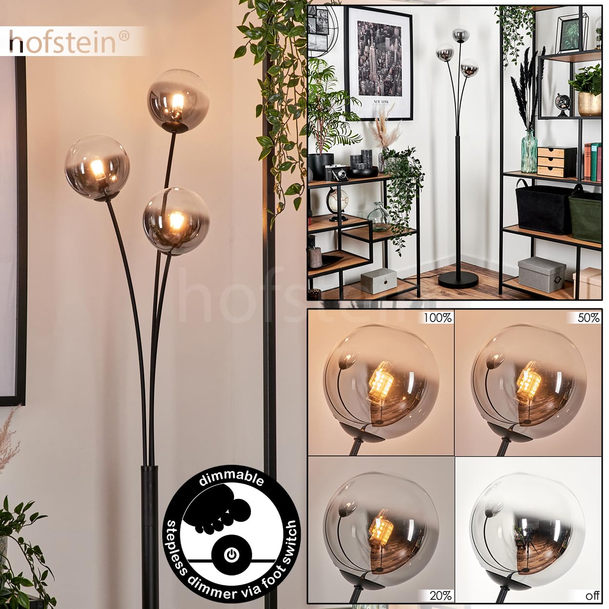 Bernado Floor Lamp, Floor Lamp Made Of Metal/Glass In Black/Smoke