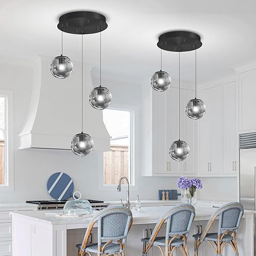 Miniatura 30 de Lámpara Colgante de Globo de Vidrio de 6 Luces Moderna Candelabro de Globo de Vidrio Gris Humo Grandes Candelabros para Techos Altos Entrada Luz