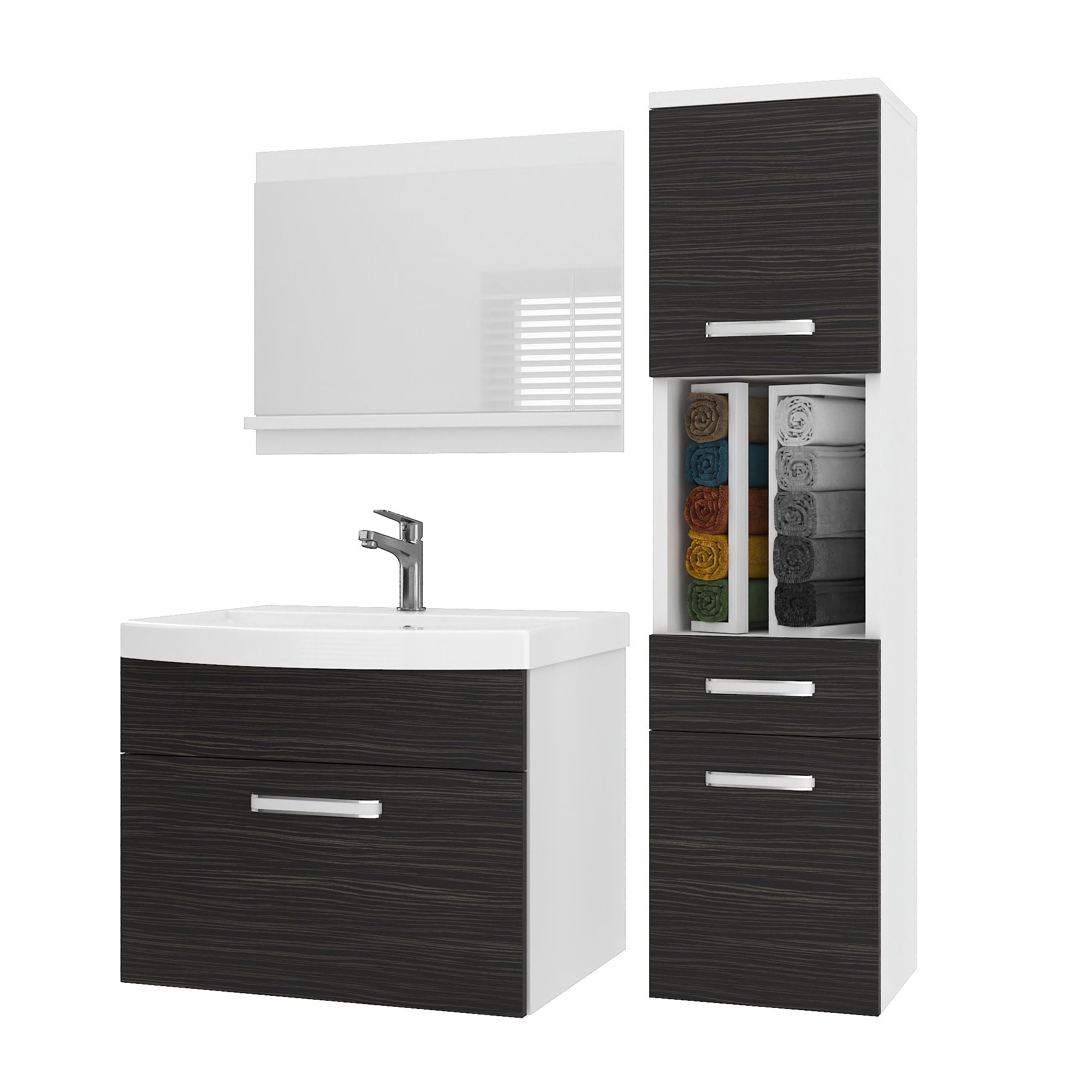 Belini PRIM3 Szafka pod umywalkę łazienkową 90 cm Makasar dąb | Meble łazienkowe Dąb Makasar, montaż ścienny, mechanizm Soft-Close, panel drewniany FSC, umywalka i lustro w zestawie