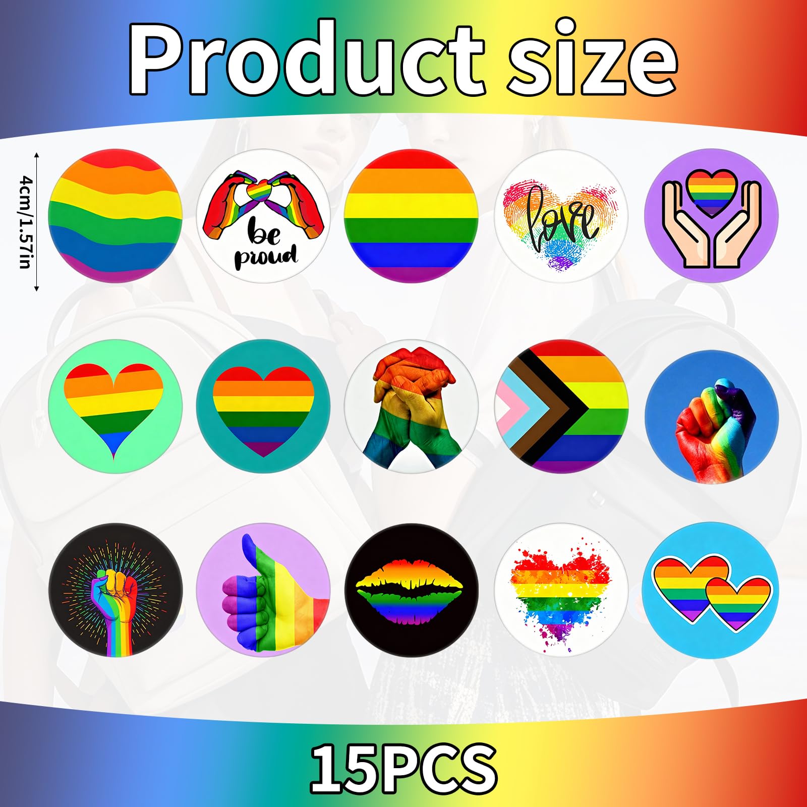 Insignias Orgullo Arcoíris 16 Piezas 44MM, Chapas LGBTQ con Puño Arcoíris, Pines Acero Inoxidable