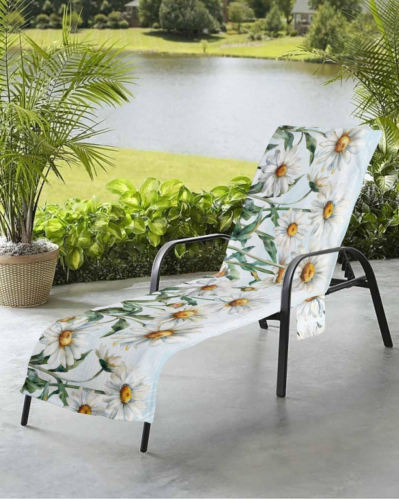 Beach Pool Patio Lounge Chaise Chair Cover Towel with Pockets,Blue Daisy Floral Absorbent & Quick Dry Microfiber Towel Cover Bag Summer Travel Accessories Vintage Botanical Spring Flower Painting Art