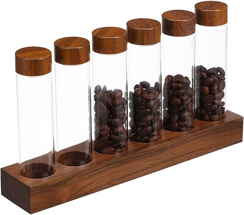 Hemoton Juego de tubos de ensayo de vidrio con tapones de plástico y estante de madera, contenedor de grano de café de vidrio, mini botellas para