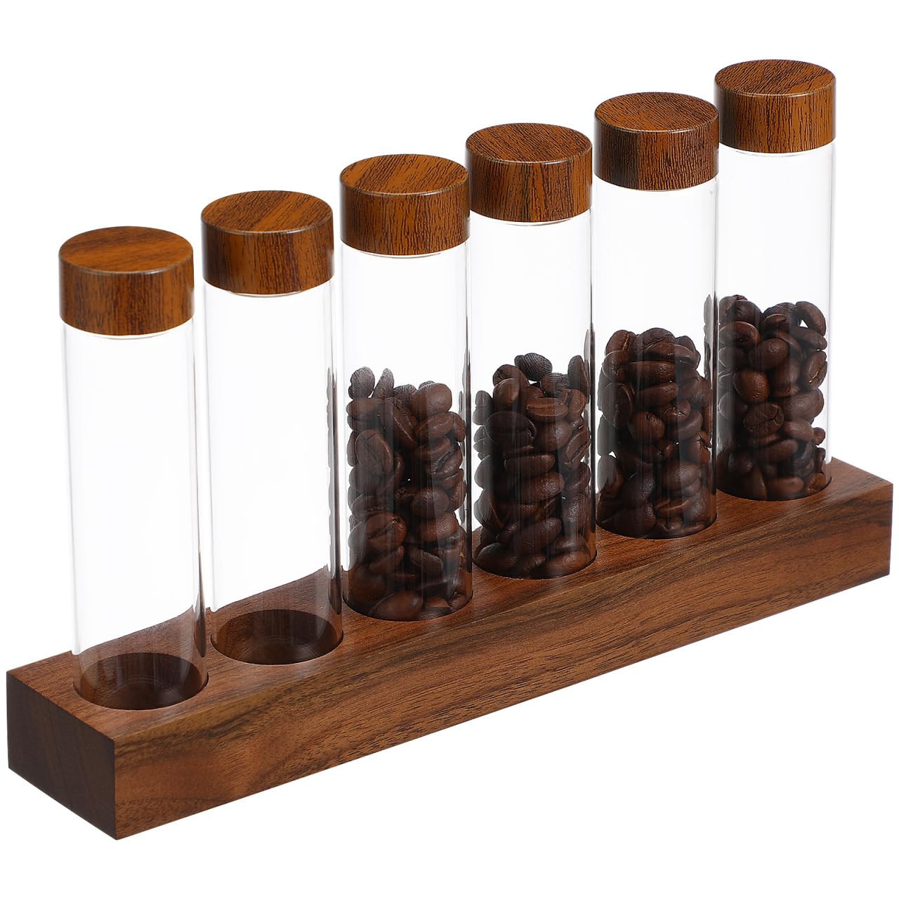 HEMOTON Juego de tubos de ensayo de vidrio con tapones de plástico y estante de madera, contenedor de granos de café de vidrio, mini tarros de vidrio para laboratorio, recuerdos de fiesta, dulces,