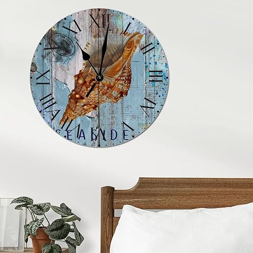 Miniatura 31 de ArogGeld Reloj de pared de PVC de mediados de siglo, concha, números de playa, estilo océano con números romanos de 10 pulgadas, funciona