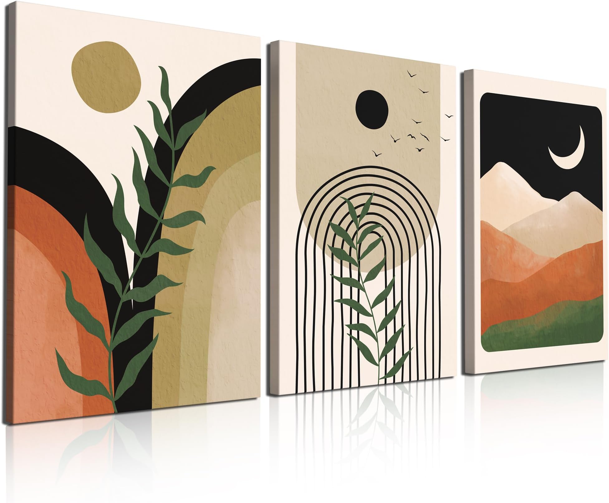 Framed Boho Wall Art Set of 3 Mid Century Modern Wall Decor Minimalist Black Green Neutral Abstract Geometric Plant Sun Canvas Wall Art Prints for Bedroom Living Room Bathroom 12x16in