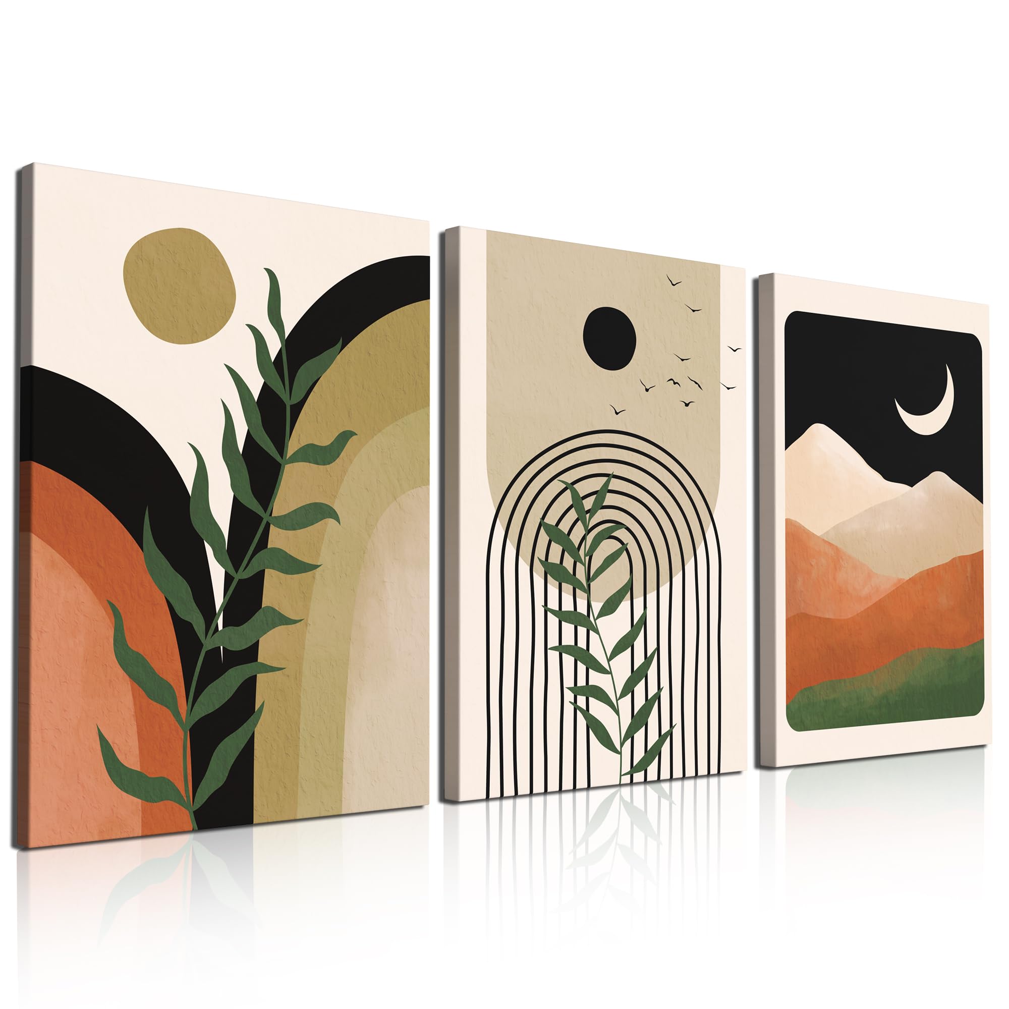Framed Boho Wall Art Set of 3 Mid Century Modern Wall Decor Minimalist Black Green Neutral Abstract Geometric Plant Sun Canvas Wall Art Prints for Bedroom Living Room Bathroom 12x16in
