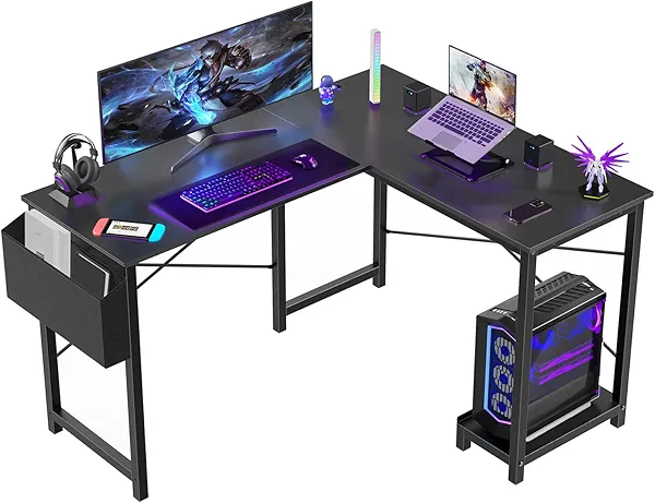 Sweetcrispy L Shaped Desk - Computer Desk Corner Desks Gaming Desk PC Table with CPU Stand Side Bag for Home Office Dorm Sturdy Writing Workstation, Black, 50-Inch
