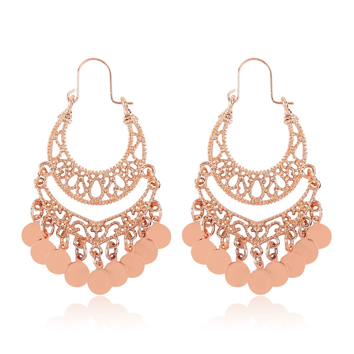 RIAH FASHIONBohemian Chandelier Coin Dangle Earrings - Gypsy Lightweight Filigree Disc Charm Tassel Ethnic Hoops