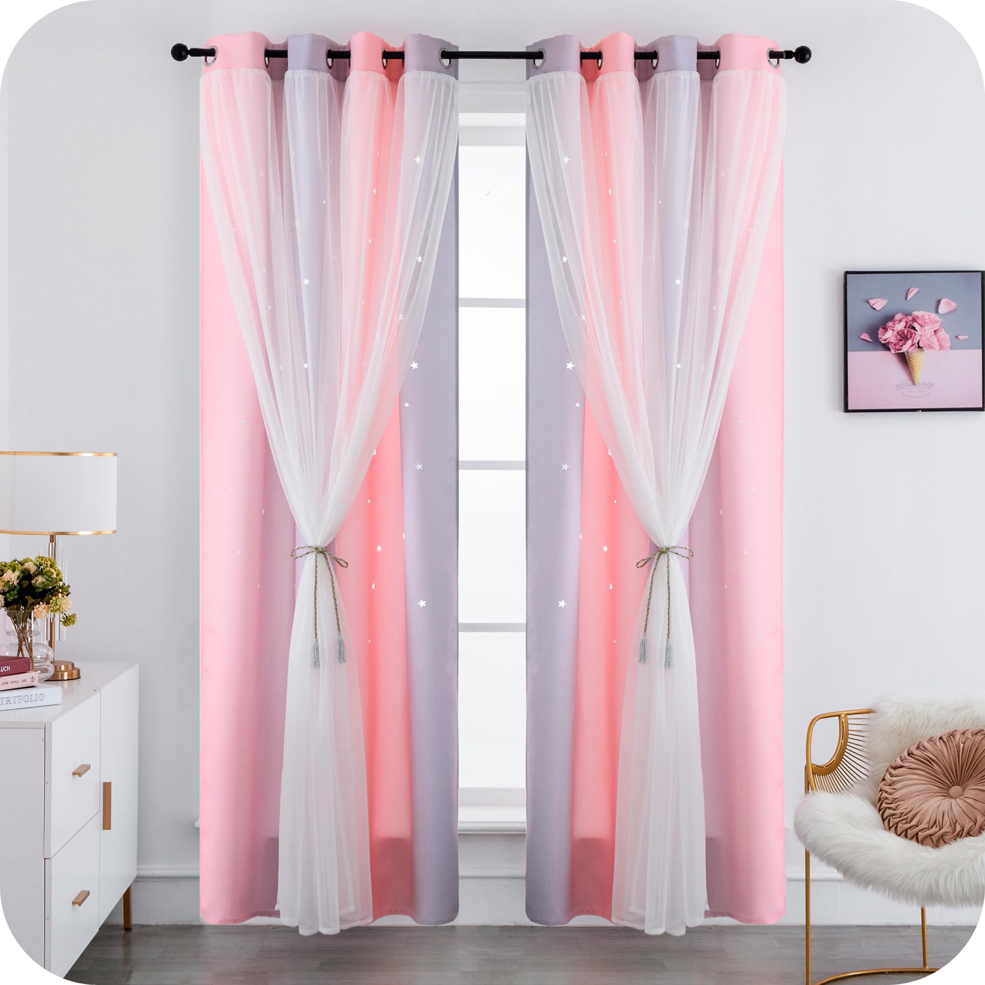 Par de cortinas dobles opacas suaves con estampado de estrellas vacías para dormitorio y habitación infantil, 2 paneles con ojales (140 x 285 cm, rosa y morado)