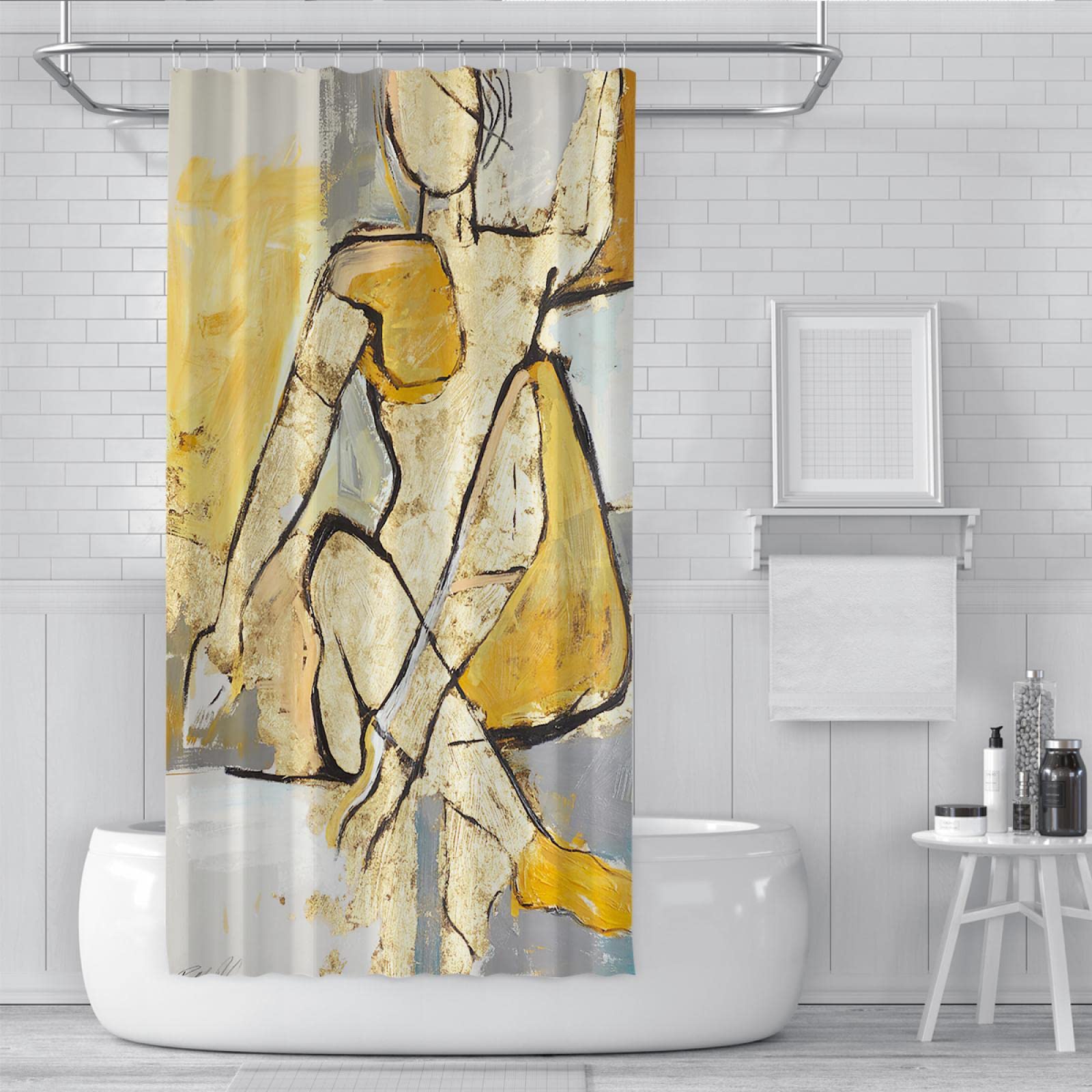 Artista grigio Tende da doccia decoro astratto donna pesato Tende doccia arredamento bagno con gancio a forma di C orlo ponderato giallo 183x198cm