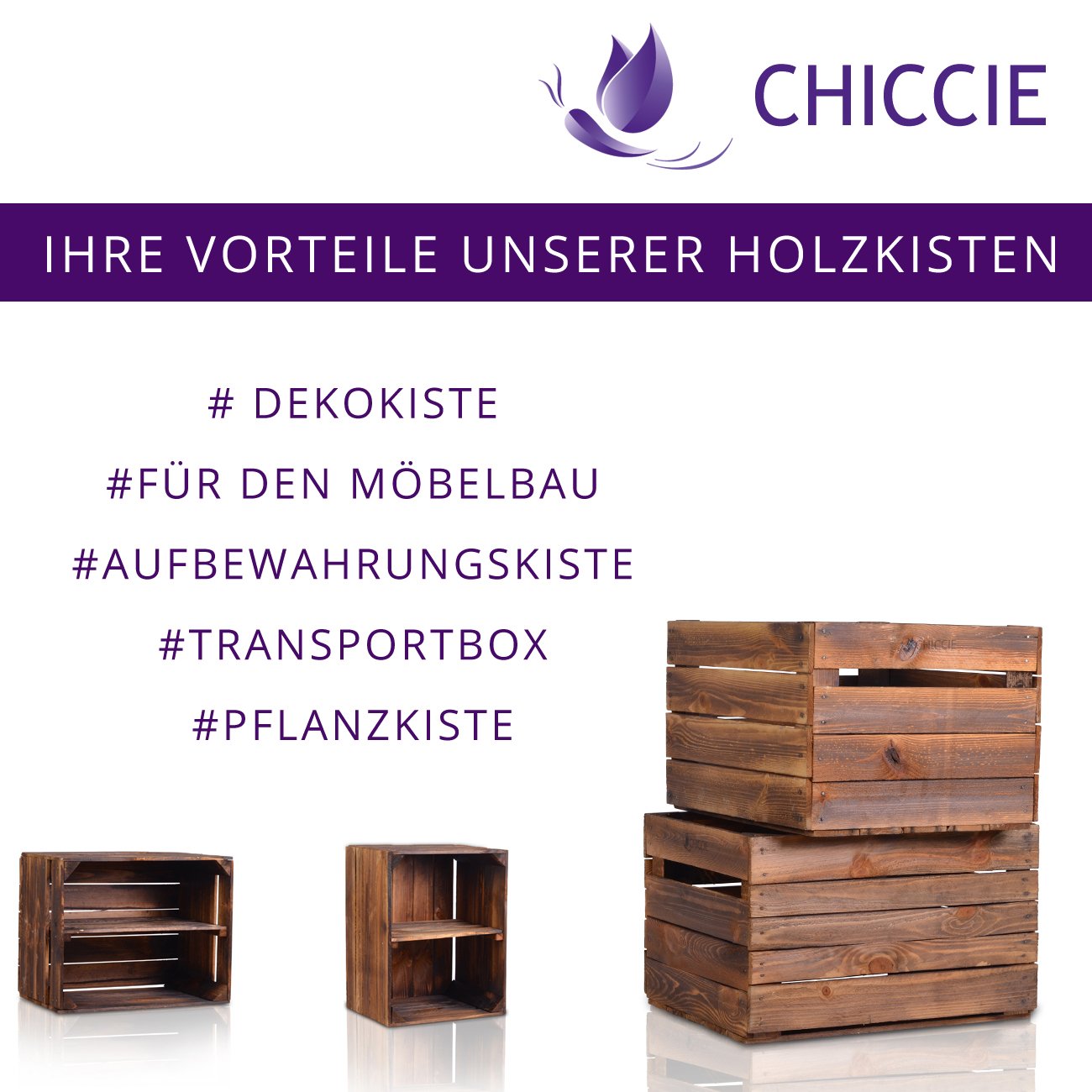 3 Set Holzkiste im Vintage Look geflammt dunkel Kurze Ablage - Obstkiste