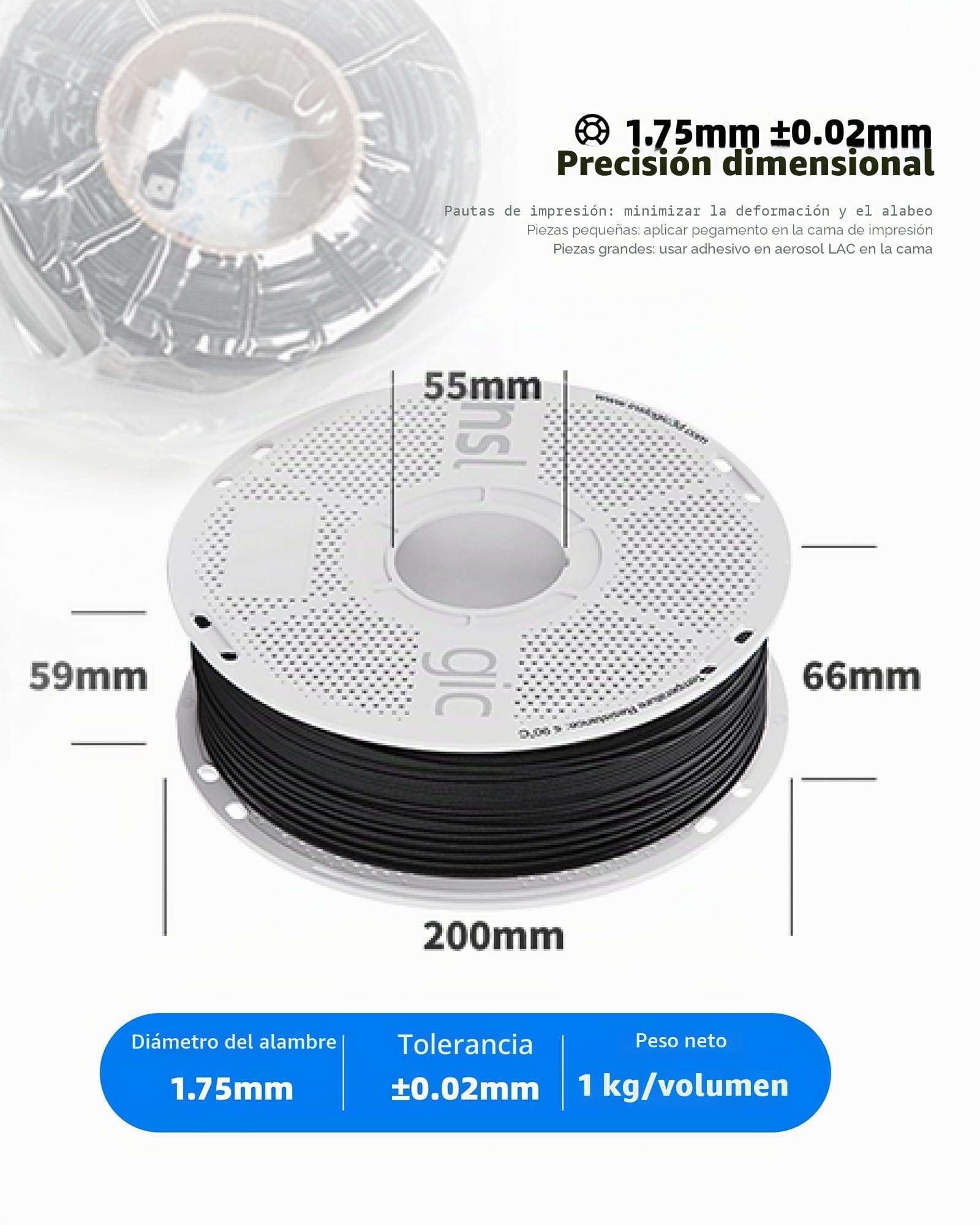 Inslogic Pre-secado PC-ABS Filamento 1.75mm 1kg, Resistente y Resistente al Calor Filamento PC Impresora 3D, Mezcla de Filamento Policarbonato con ABS, Blanco