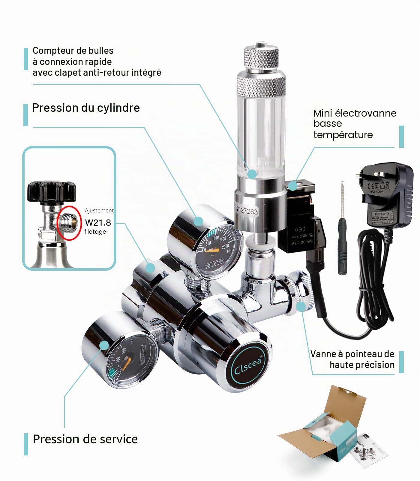 Régulateur de CO2 pour aquarium à double jauge avec compteur de bulles et électrovanne, solénoïde radial à ouverture latérale W21.8, régulateur de CO2 pour aquarium