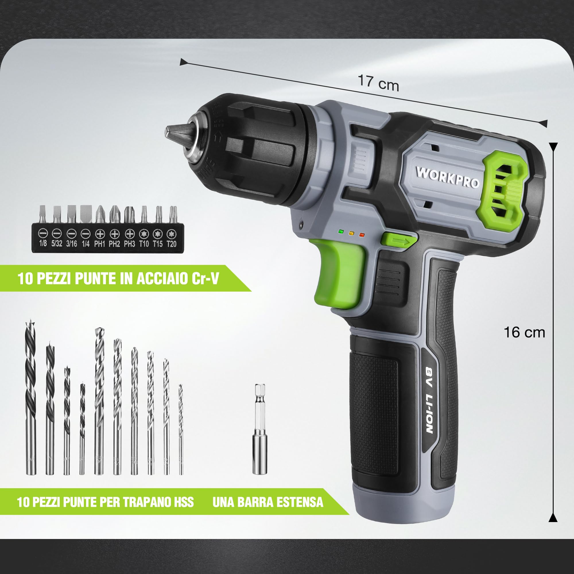 WORKPRO Cacciavite a Batteria 8V | Trapano Avvitatore a Velocità Variabile, Ricaricabile, Luce LED, Con 21 Accessori, Verde