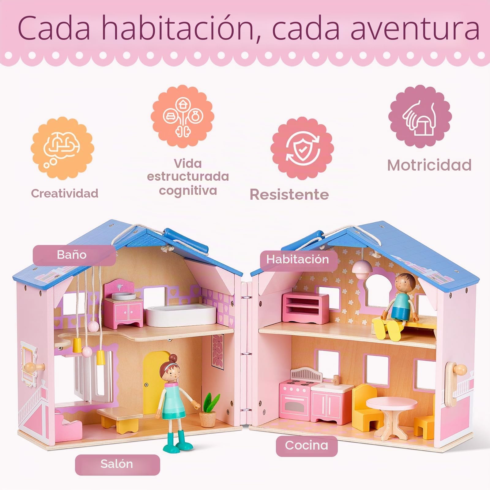 Giant Bean Exquisita casa de muñecas de Madera Rosa para niñas con 2 muñecas y 12 Muebles de Madera, Juego de casa de Juego Plegable y portátil con asa, Regalo de cumpleaños de Navidad para niñas a