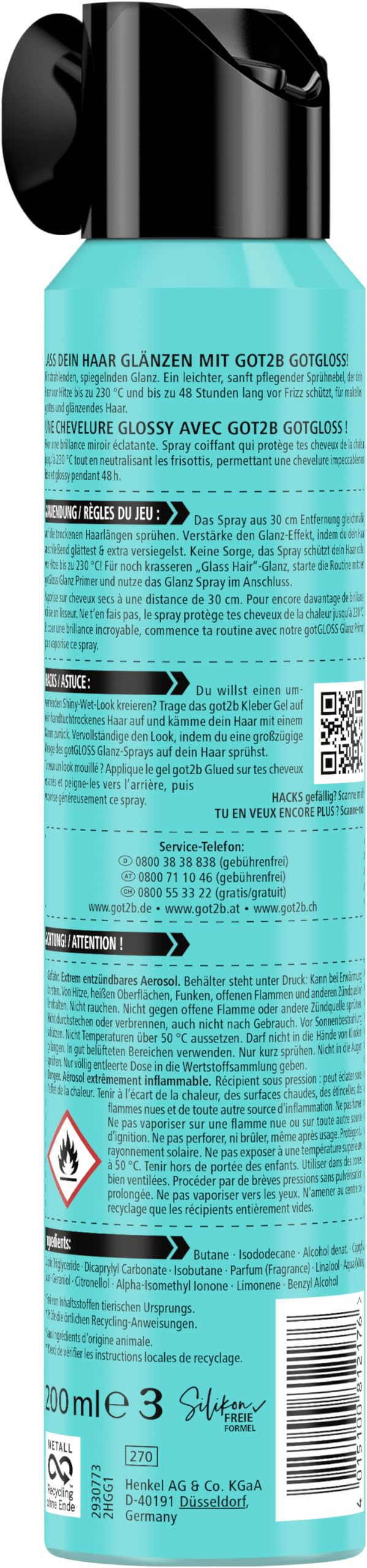 got2b GotGloss spray błyszczący (200 ml), spray do włosów zapewnia kontrolę puszenia się włosów do 48 godzin i najwyższy połysk, spray do stylizacji włosów chroni włosy przed temperaturami do 230°C