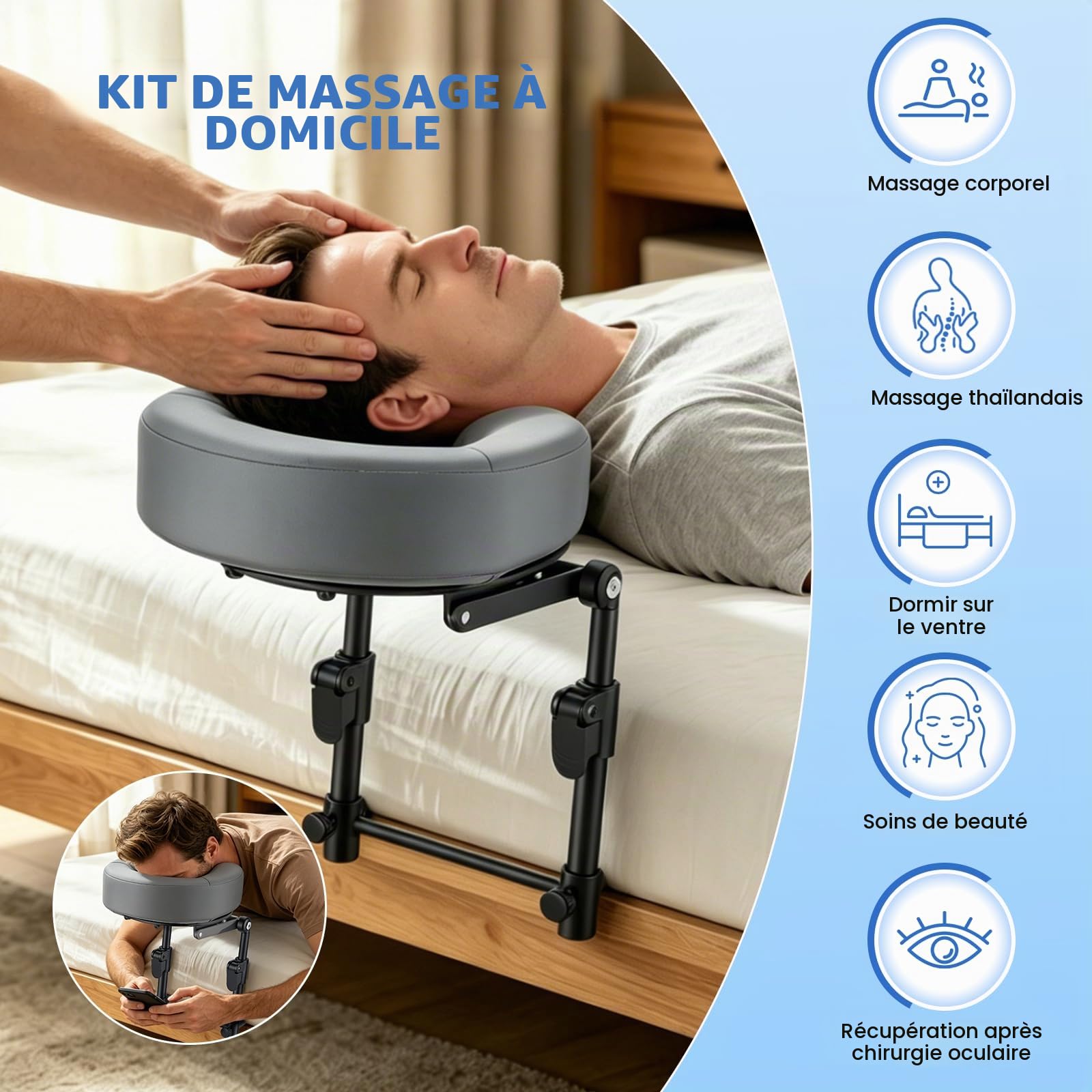Appui-tête de massage réglable pour lit avec cadre et coussin de soutien, accessoire de convalescence post-opératoire des yeux, Support facial pour matelas à domicile et salons de beauté, Gris