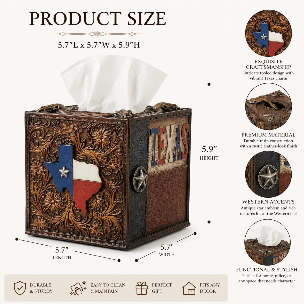 Comfy Hour Texas Tissue Box Holder, Western Style Antique Box Holder, Rustic Farmhouse Bathroom Decor, Cowboy Ranch, Country Home, Bathroom Decor, 7.4" L x 0.7" W x 12.1" H
