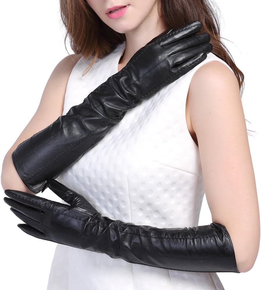 InlnDtor Elbow Length Long 17" Black Genuine Leather Opera Gloves for Women Lined