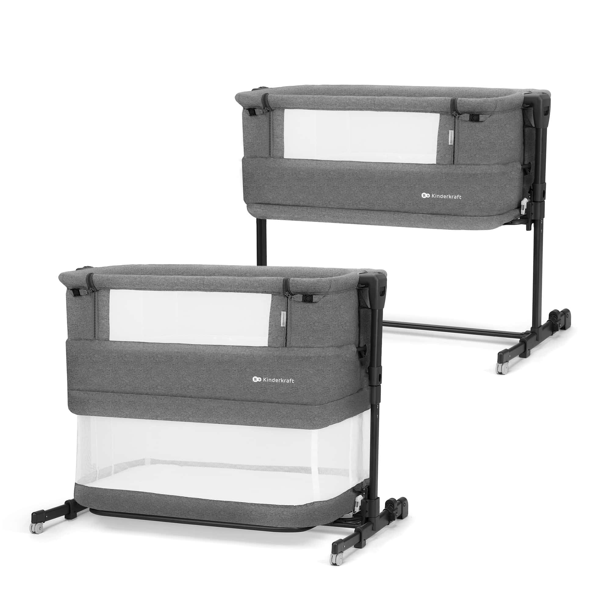 Kinderkraft NESTEE Grow 2 Beistellbett 3 in 1, Babybett, Kinderbett, 5 Höhenstufen, Matratze inklusive, Teleskopbeine, Rollen, faltbar, mit Transporttasche, Dunkelgrau