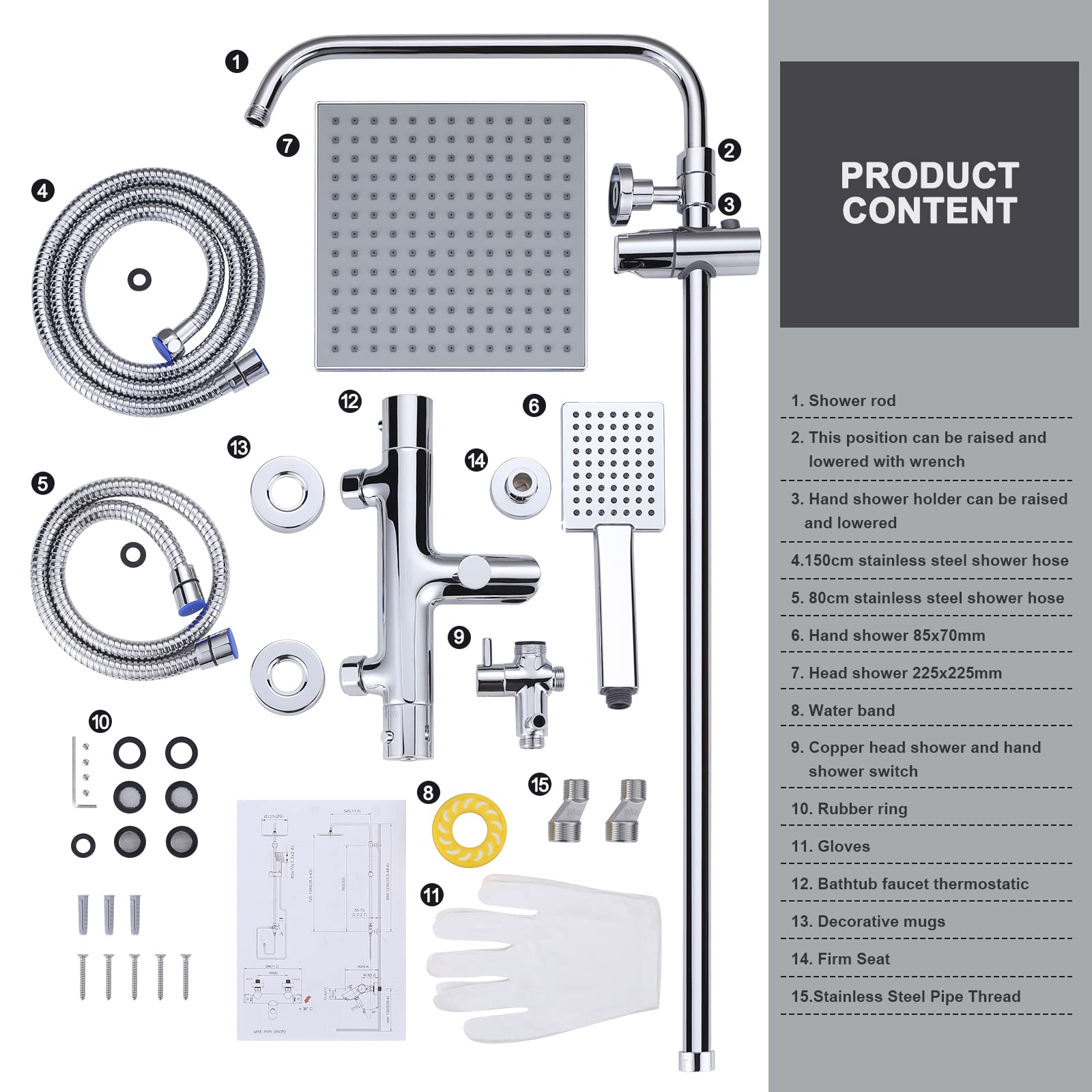 ARCORA Set Doccia Termostatico Completo, Sistema Doccia, Rame e Acciaio Inox, Miscelatore Vasca Doccia Termostatico 38℃, 3 Modalità di Erogazione, Cambio Facile Doccia-Vasca, Cromato