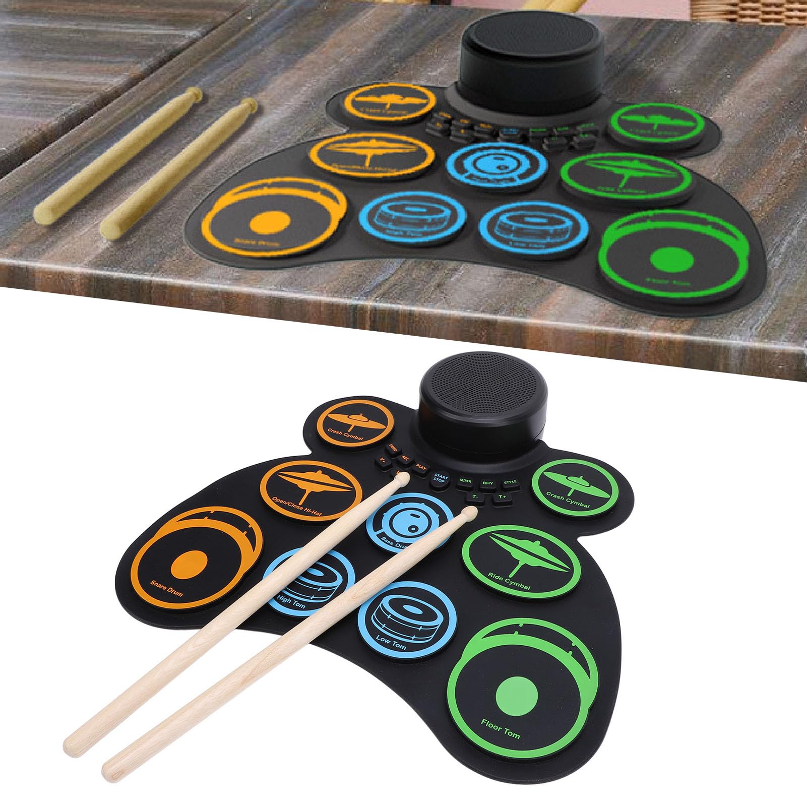 Bewinner Batería Electrónica, Almohadilla de Práctica Enrollable de 9 Pads con Conector para Auriculares y 2 Altavoces, Batería Digital MIDI Portátil con Pedal de Bajo/Hi-Hat, 7 Sonidos 10 Ritmos,