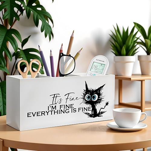 Miniatura 2 de Divertido soporte para lápices de gato negro para escritorio, I'm Fine Everything Is Fine - Organizador de lápices de madera para accesorios de