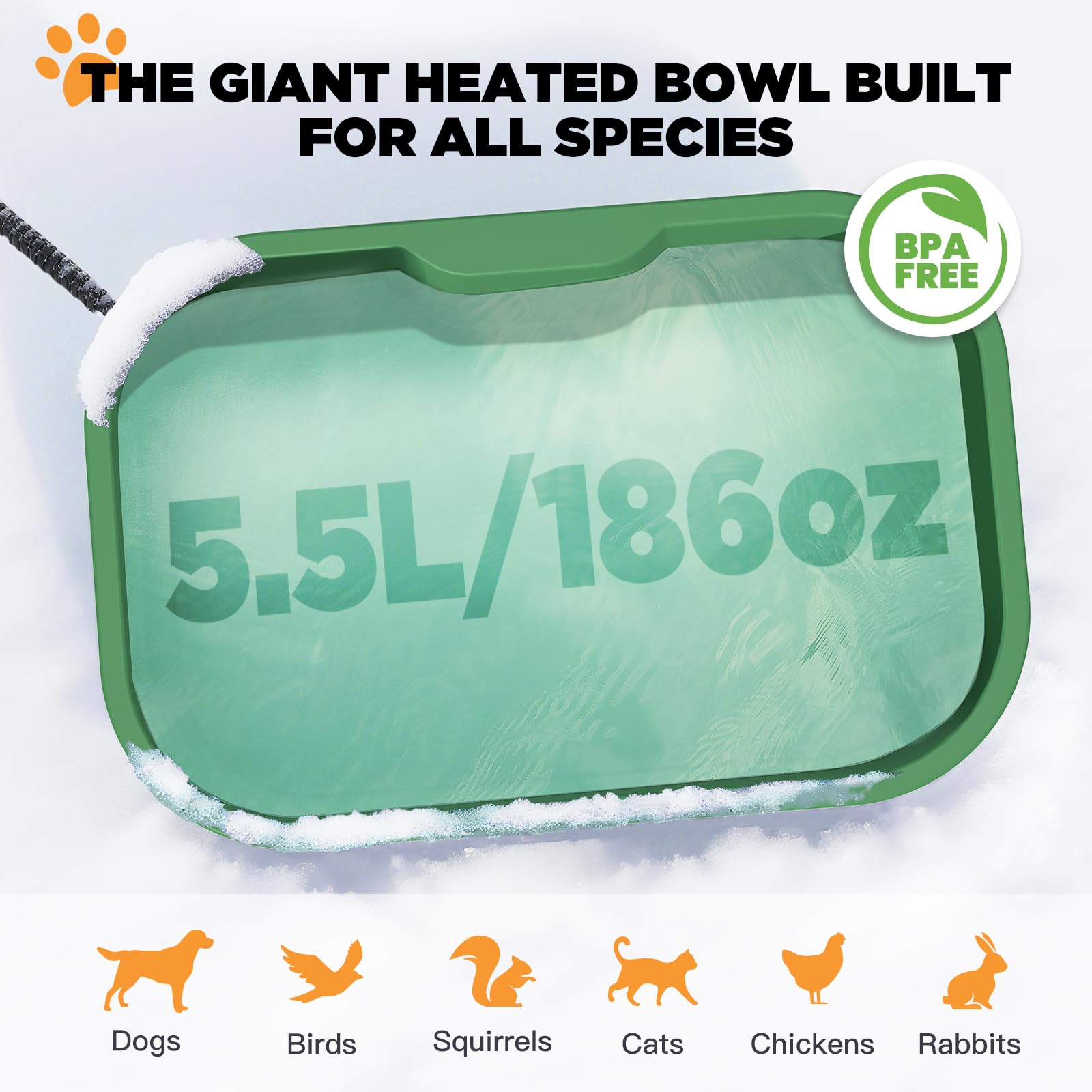 IPOW Cuenco de agua con calefacción para mascotas, rectangular extra grande de 5.5 L, duradero, para exteriores, con cable antimasticación, mantiene el agua caliente a 25.0-35.0 °C para gatos y perros