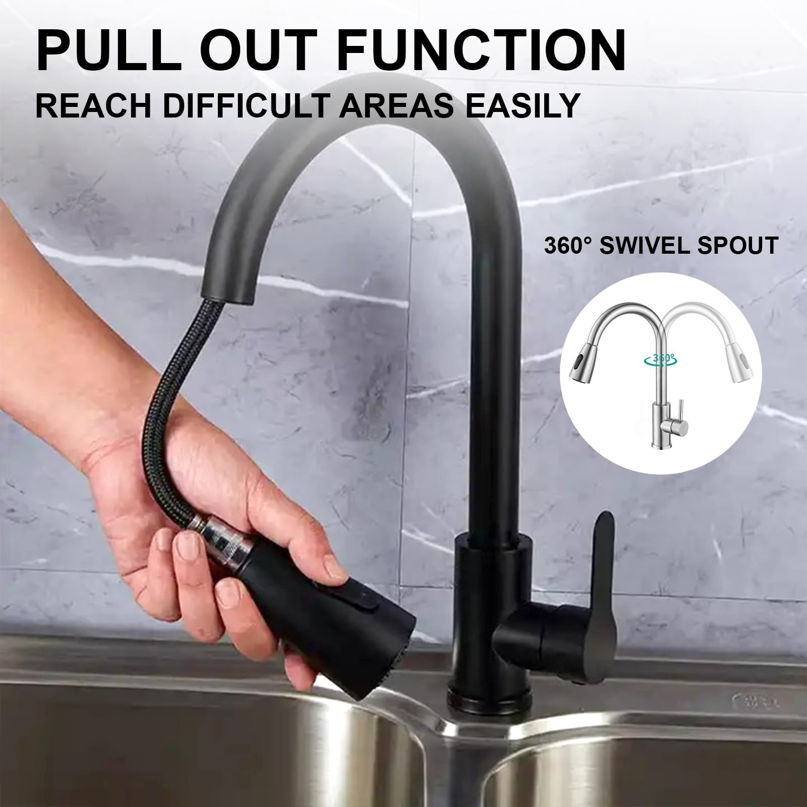 Pixaflo Black Kitchen Sink Mixer Tap - Swivel Spout -2