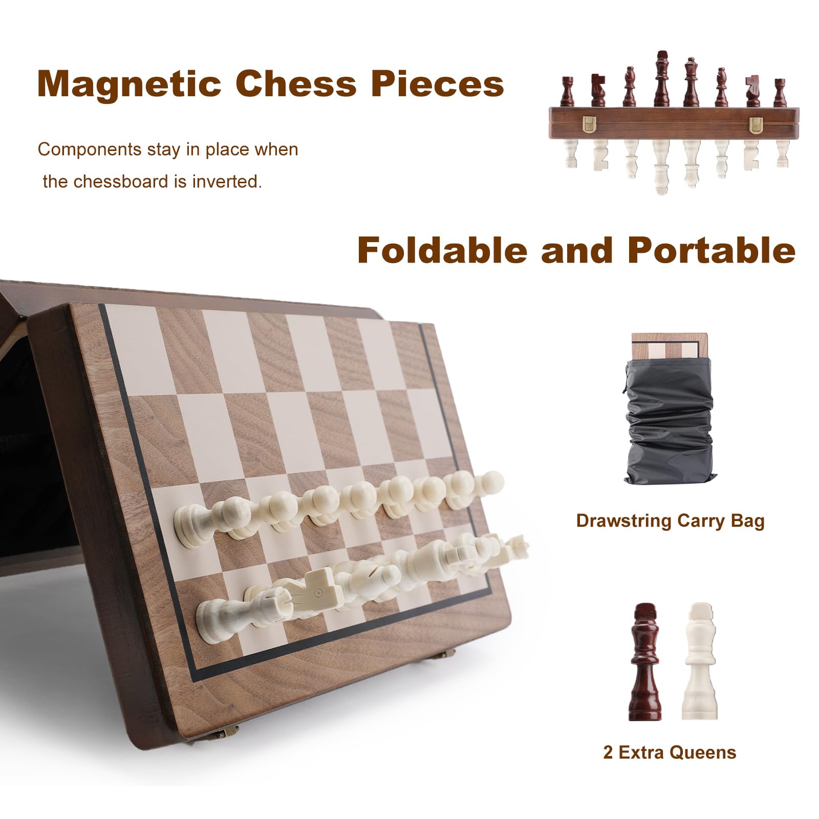 Jeu d'échecs magnétique en bois de 38,1 cm avec planche pliante et fente de rangement pour pièces d'échecs, ensemble de jeu d'échecs portable fait à la main pour enfants, adultes, débutants et