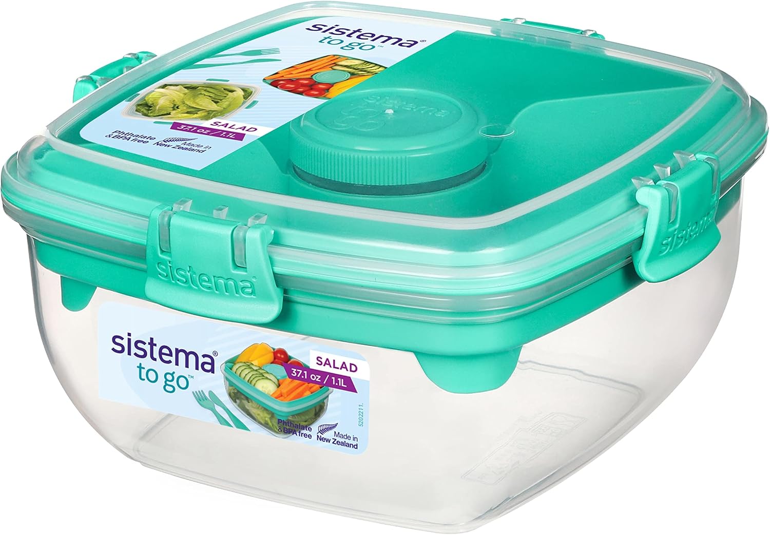 Sistema Salad Container for Lunch with Dressing Container, Bento Box 4 Compartment Tray, and Cutlery, Dishwasher Safe, 37.2-Ounce (Color may vary)