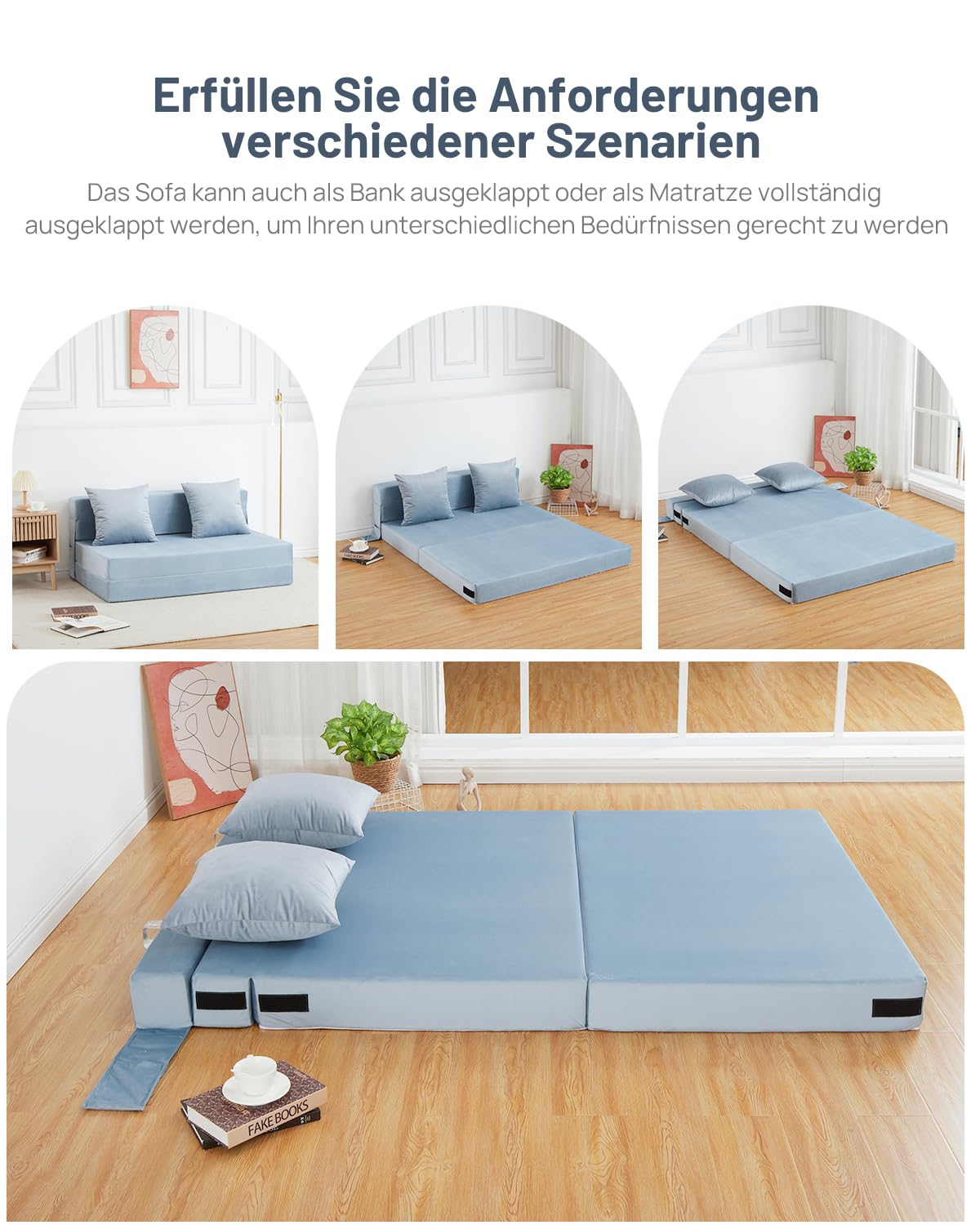 HAUSPROFI Schlafsofa mit Bezug aus Samtstoff & 2 Kissen, Bezug Abnehmbar, Waschbar, Klappmatratze mit Hochelastischer PU-Schwamm, Liegefläche 140CM x200CM (Blau)