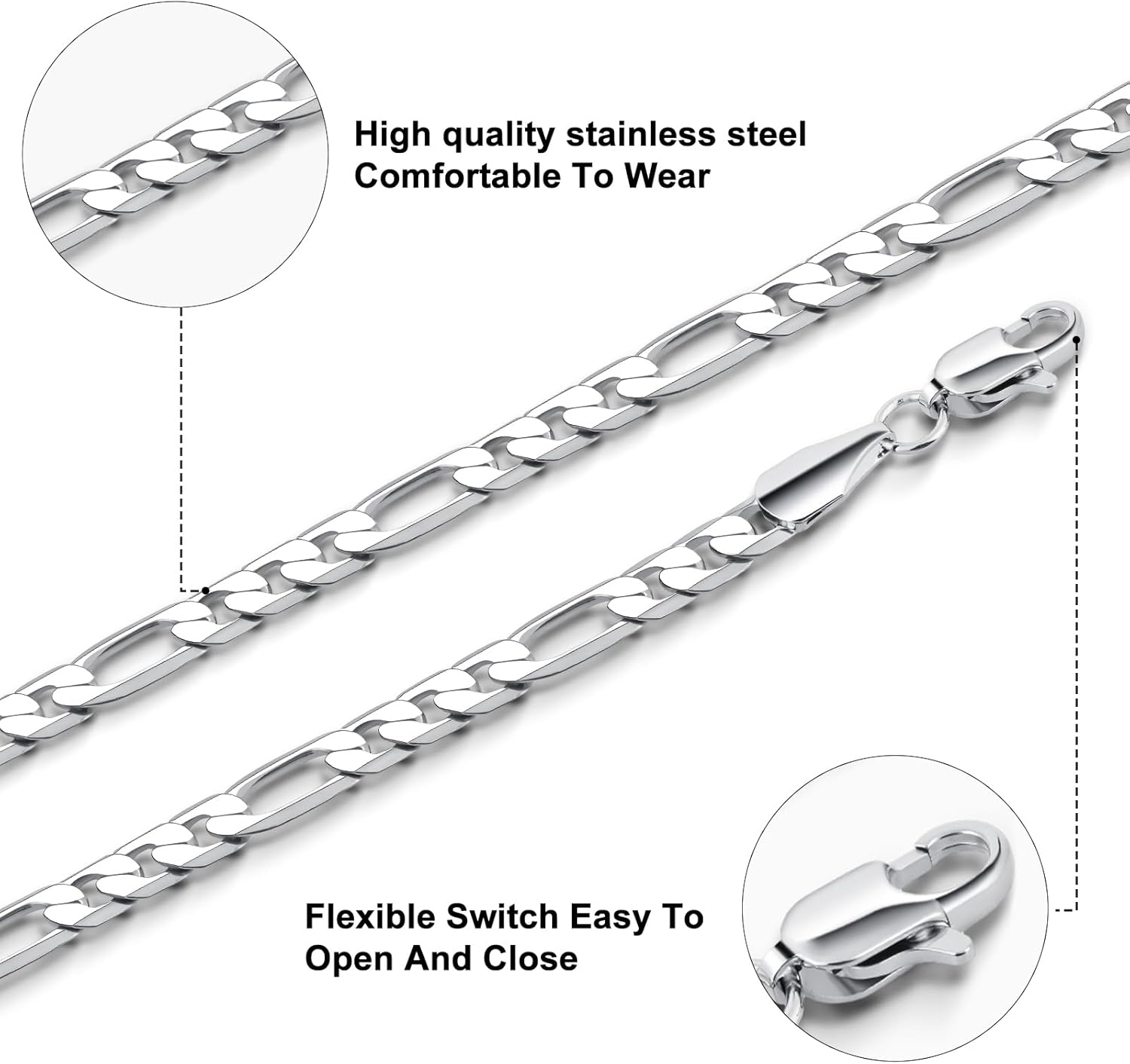 Stainless Steel Figaro Link Chain Bracelet Diamond-Cut Figaro Chain Bracelet 5 mm for Women Silver (7 Inches) GTS-B1B45066 - Image 2