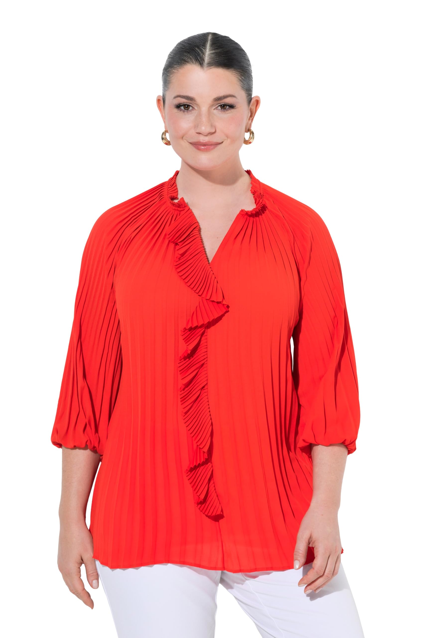 Ulla Popken Damen Plus Size Plus Size Plissee Bluse A-Linie Rüschen V-Ausschnitt 3/4 Ärmel 849648