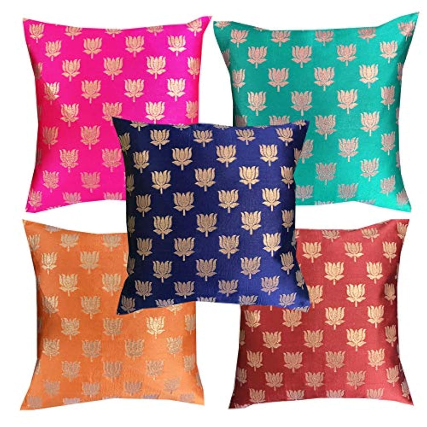Golden Print Poluester Blend 18x18-inch Cushion Cover-Multicolour (Set of 5),
