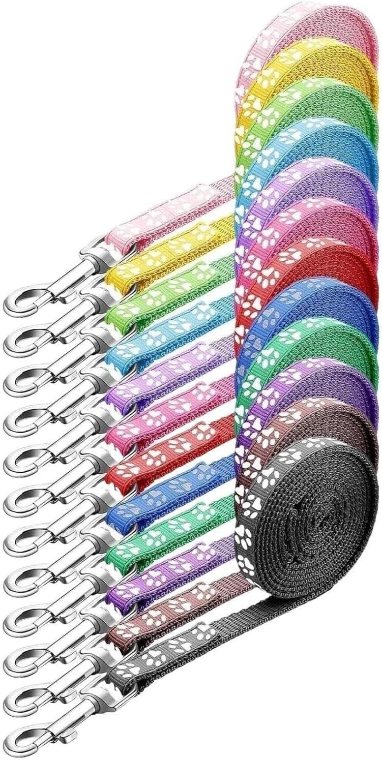 24PCS Dog Collar and Leash Set Adjustable Nylon Paw Print with Bell