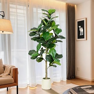 VIVATREES 6FT Faux Fiddle Leaf Fig Tree with White Planter - Lifelike Artificial Plant for Indoor Outdoor Home Office Decor