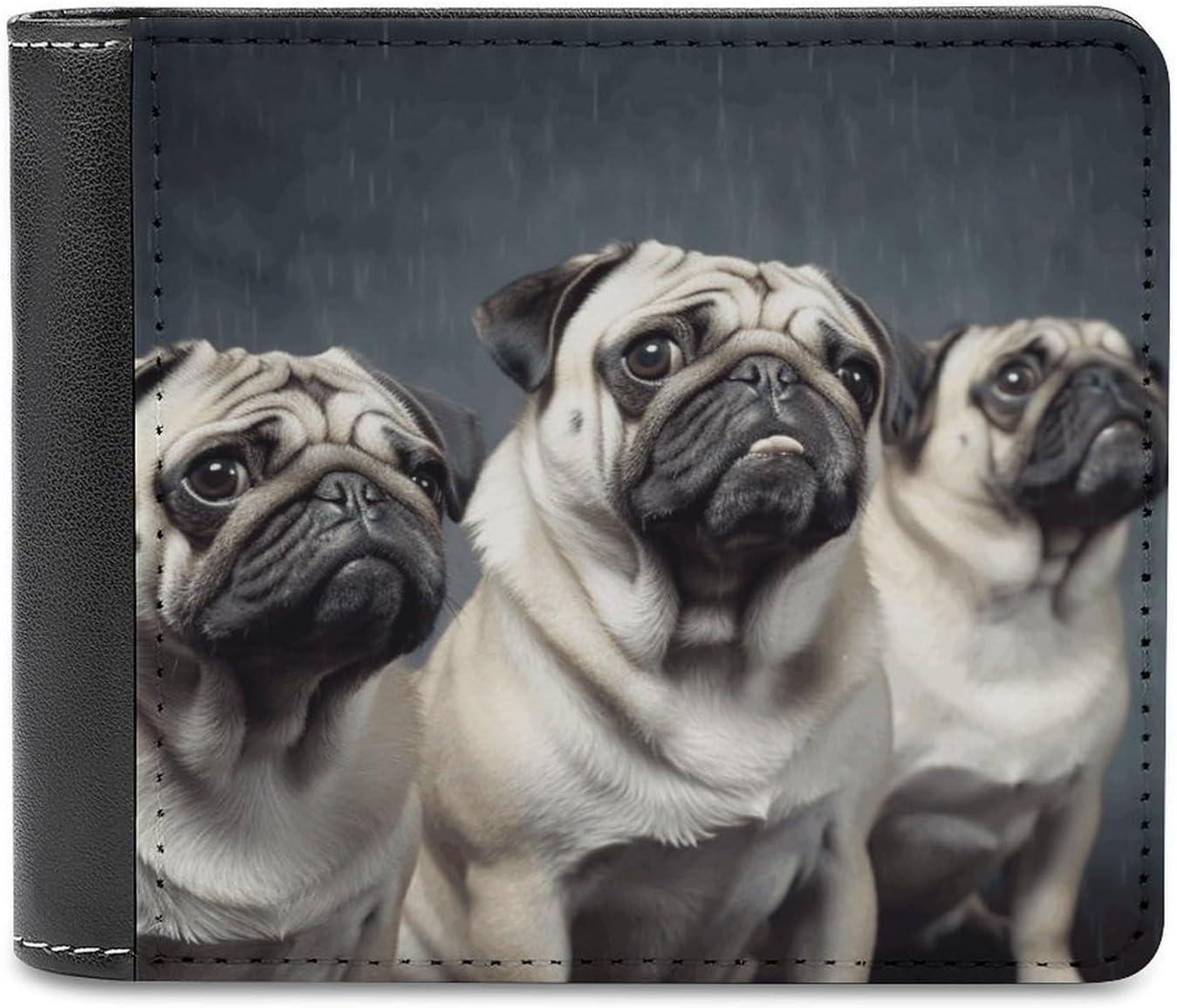 Funny Pug Dog Wallet Men's Slim Leather Bifold Passcase Wallet Travel Billfold Large Capacity Money Clip