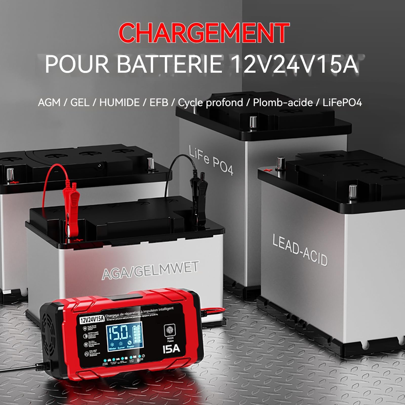 Chargeur Batterie Voitures 12V/24V 15A, avec Compensation de Température,Booster Batterie Universel Intelligent, Maintien de Charge Sûr Et Efficace, pour Voiture, Camion, Moto (Rouge)