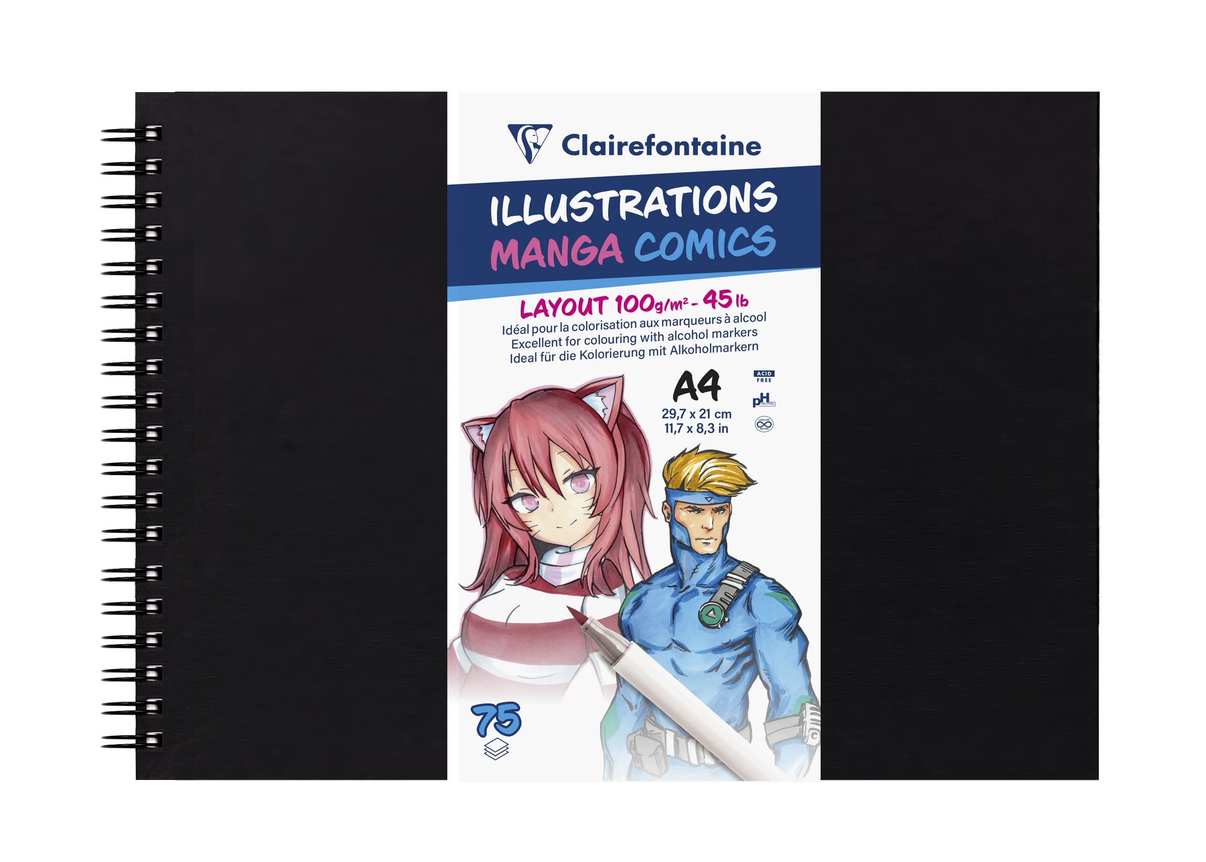 Clairefontaine 975946C Manga Comics Illustration Notebook - 75 Sheets of Extra Smooth White Drawing Paper A4 21x29.7 cm 100g - For alcohol markers, Indian ink