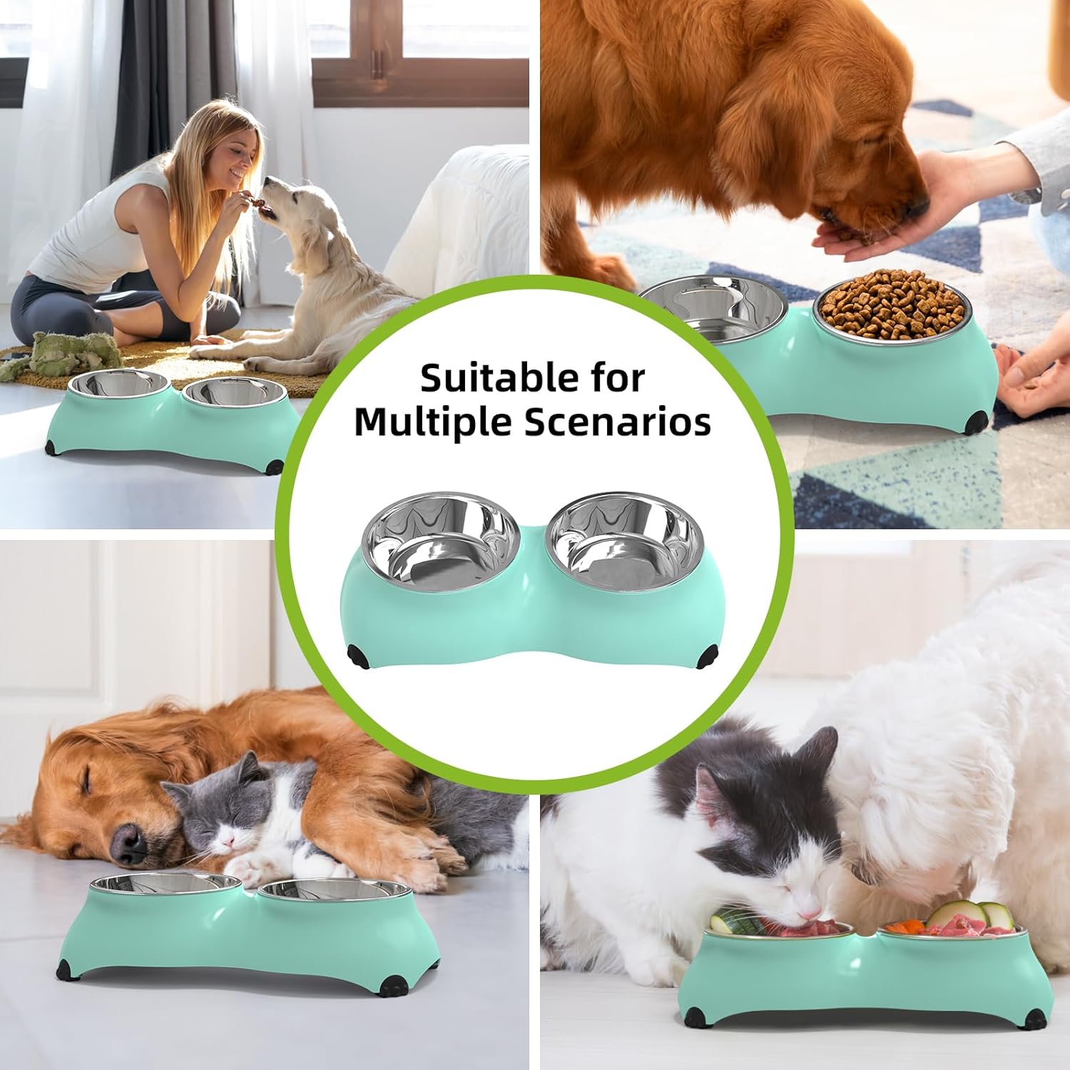 Stainless Steel Dog Bowls Set, Double Food & Water Bowls for Dogs, Dual Dog Food Bowl with 2 Medium (10oz*2) Bowl, Non-Slip Pet Bowls Suitable for Puppies, Cats and Medium Breed Dogs (Green)