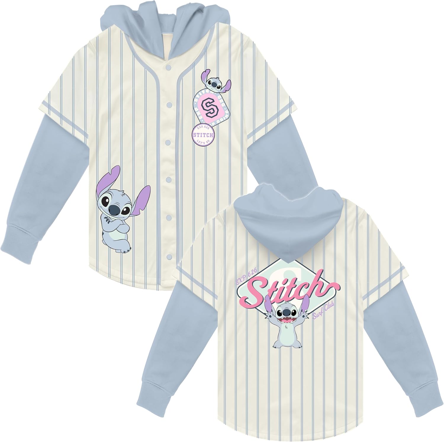 Disney Girls' Disney Lilo & Stitch Girls 4-16 Hooded Long Sleeve Baseball Twofer Jersey (Stitch & Angel Styles)