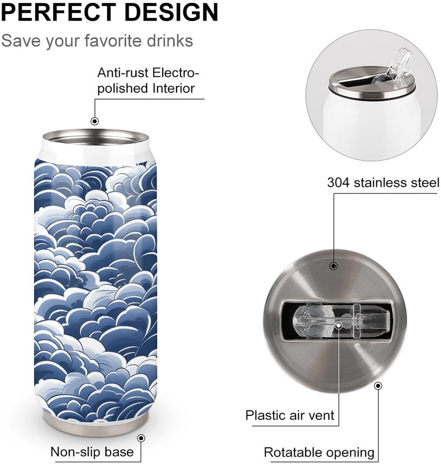 Stainless Steel Cups Blue And White Printed Coke Cup Stainless Steel Insulated Cups with Lid And Straw