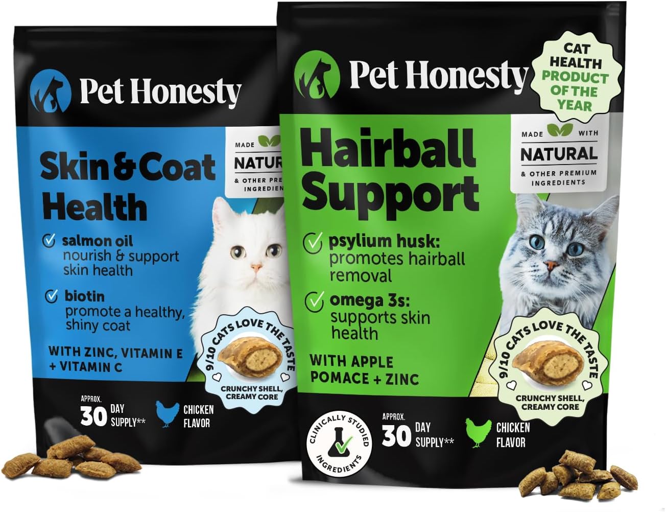 Cat Skin & Coat Health & Hairball Support Virtual Bundle: Omegas & Biotin Chews for Shiny Coat & Furball Remedy (Chicken 30-Day Supply)