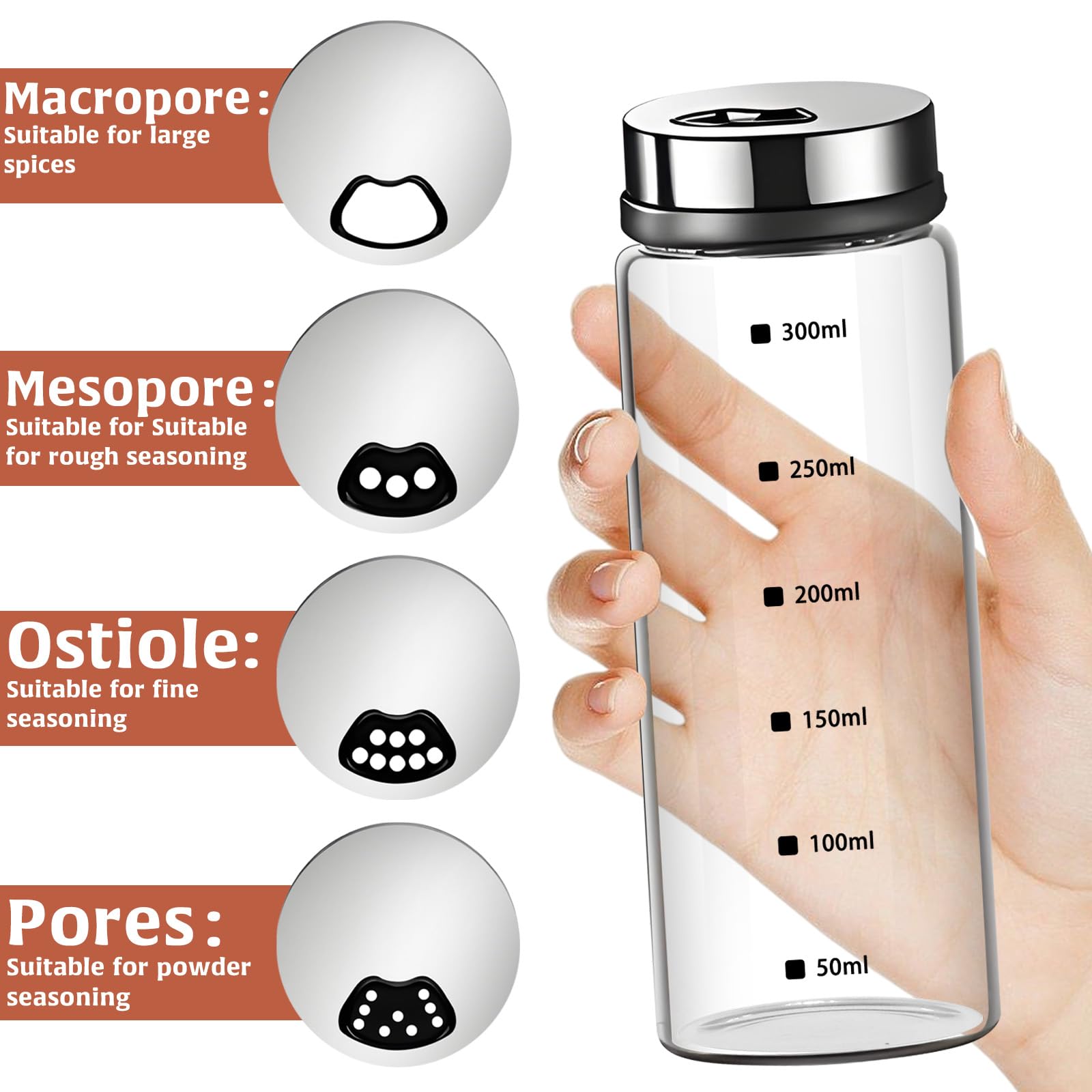 Saliera e pepiera grandi in vetro con fori regolabili, dispenser brand per sale e pepe in acciaio inossidabile con coperchi rimovibili, per cucina e ristorante